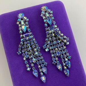 💛 Vintage Continental Blue Aurora Borealis Crystal Chandelier Clip Ons | Glam